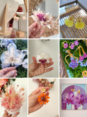 Créations de bijoux floraux et composition florale, art floral Réunion
